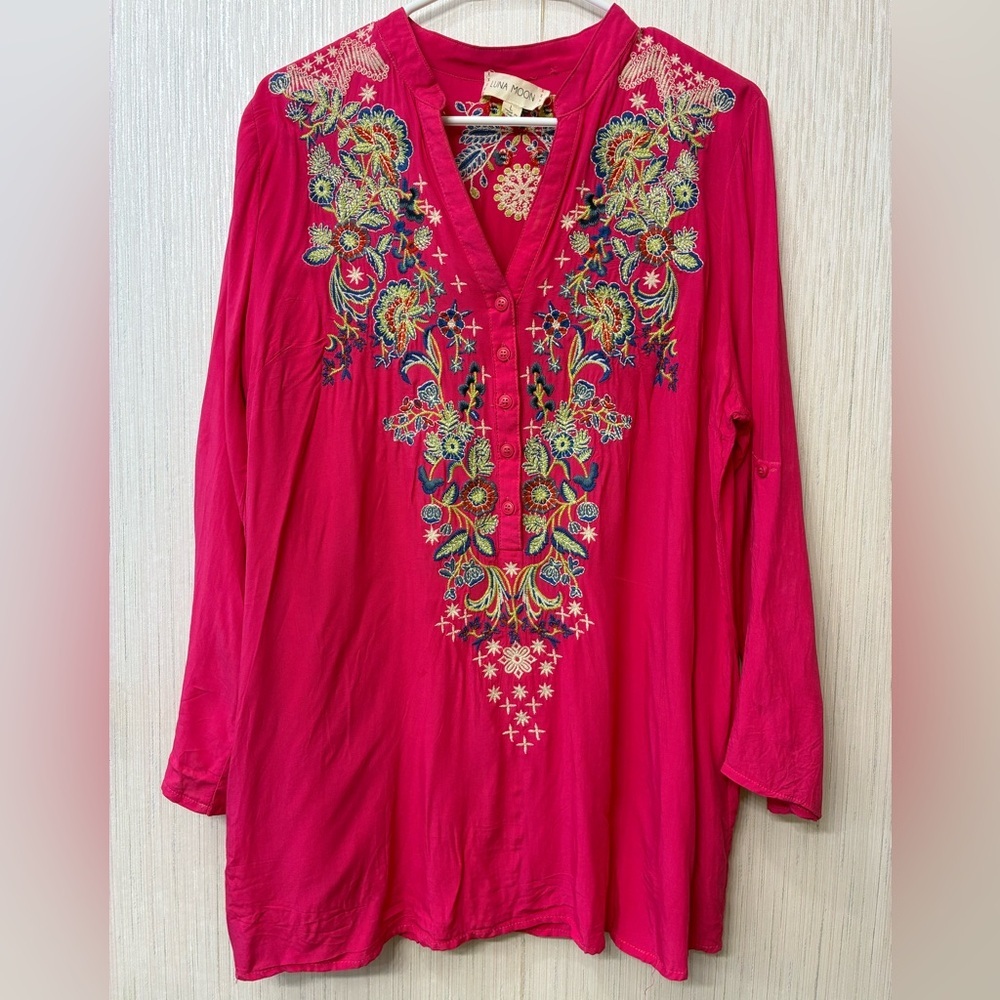 Anthropologie Luna Moon pink embroidered popover‎ tunic shirt top boho L